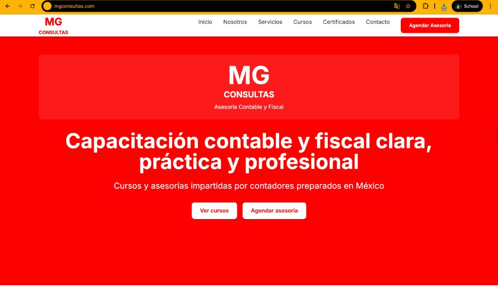 Screenshot of MG Consultas website homepage designed in red and white