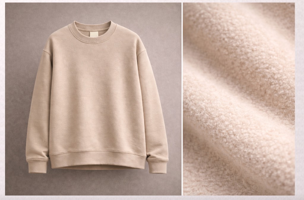 Beige fleece crewneck with soft interior texture