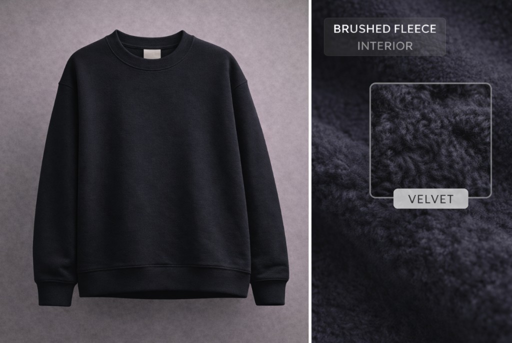 Black fleece crewneck with brushed velvet interior close-up