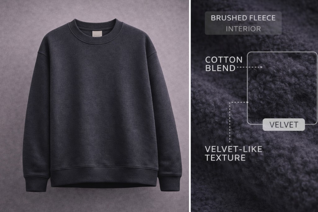 Gray fleece crewneck with cotton blend and velvet-like interior callouts