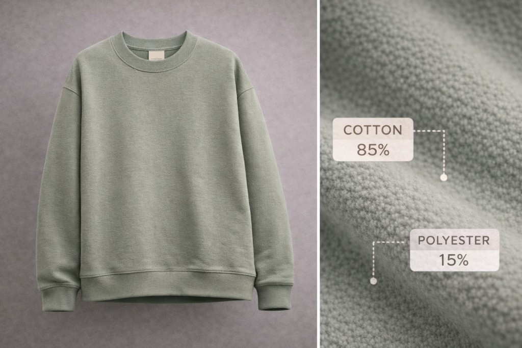 Green fleece crewneck with cotton and polyester composition overlays